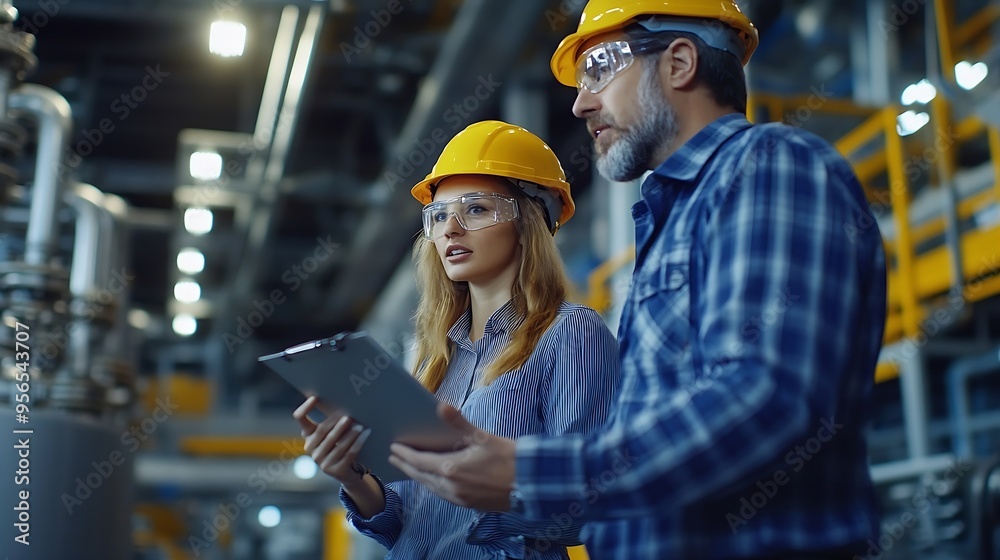 Aufkleber Engineers consulting with director in modern industrial factory talking about new production project or investment Team management in manufacturing facility : Generative AI