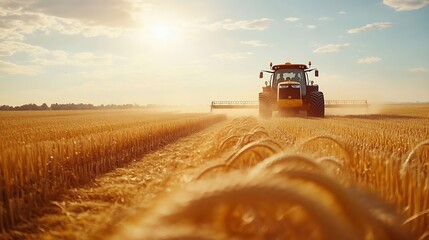 Obraz premium Tractor harvesting on agricultural field on sunny day : Generative AI