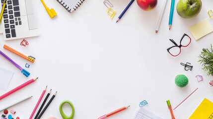 A creative workspace filled with colorful stationery, fresh fruit, and tools for productivity in a bright, airy setting