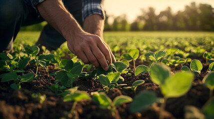 Farmer is cultivating soybean on his land He is examining progress of crops : Generative AI