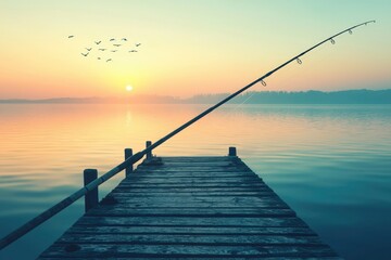 Obraz premium A Fishing Rod Resting on a Wooden Dock at Sunrise