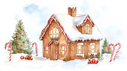 Sweet Gingerbread House Watercolor Clipart Illustration with Candy Canes and Copy Space, Cute Christmas Design
