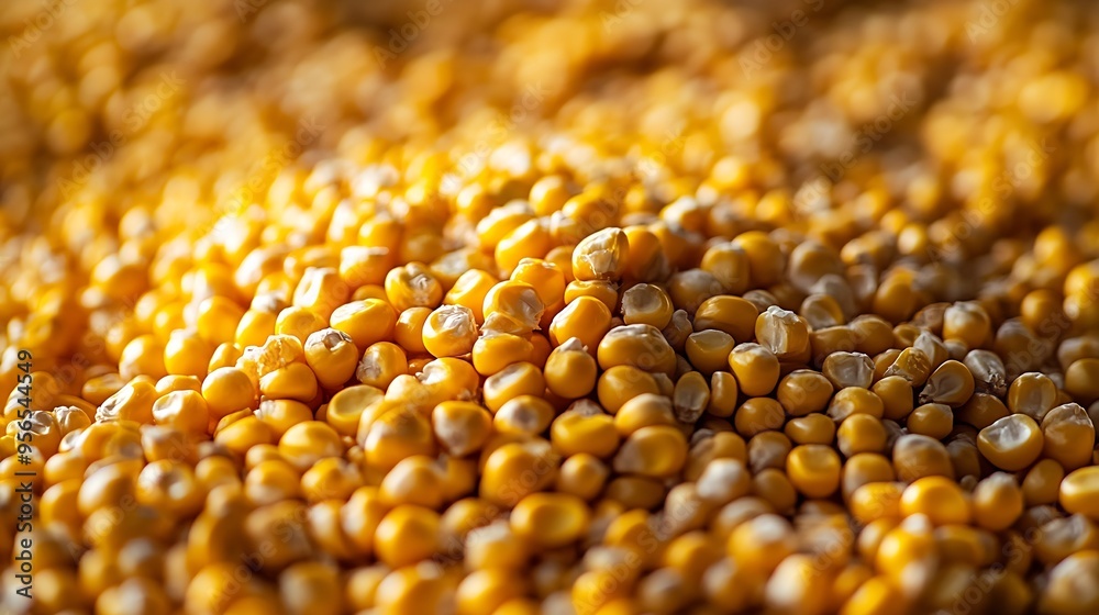 Poster Closeup of yellow corn kernels top view Zea mays seeds top view Background of corn grains top view Corn harvest grain in bins background texture : Generative AI