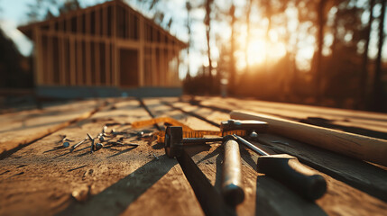 A collection of hammers, nails, and measuring tape scattered across a rustic table outside, with the blurred outline of a partially constructed house visible behind.
