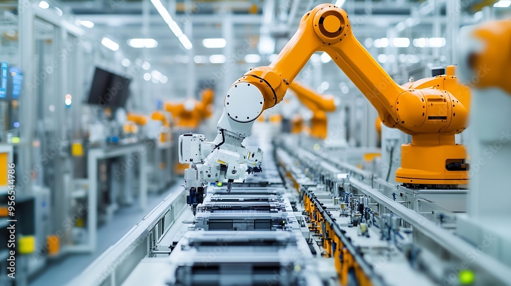 Aufkleber industrial robot arms assemble lithiumion ev battery pack row of white robotic arms at automated pro