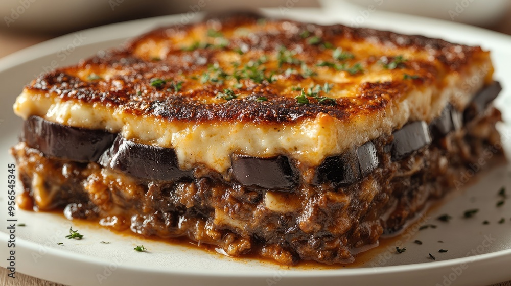 Wall mural Greek moussaka with layers of eggplant and sauce on a white background