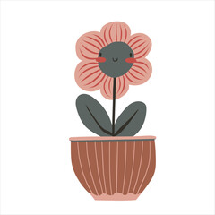 Cute baby flower in plant pot in kawaii cartoon style. Hand drawn vector doodle childish illustration. Isolated simple drawing for kid-friendly graphic and babyish book or card designs.