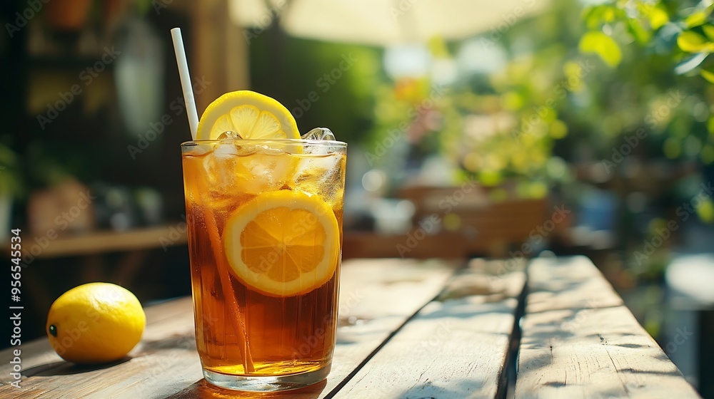 Poster plastic glass with ice tea and lemon on wooden table with green garden on the background : generativ