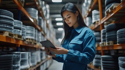 Fototapeta premium Warehouse and manufacturing concept Female warehouse worker working with tablet and inspecting quality for auto spare parts at warehouse : Generative AI