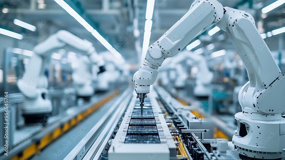 Aufkleber row of white robotic arms at automated production line at bright modern factory industrial robot arm