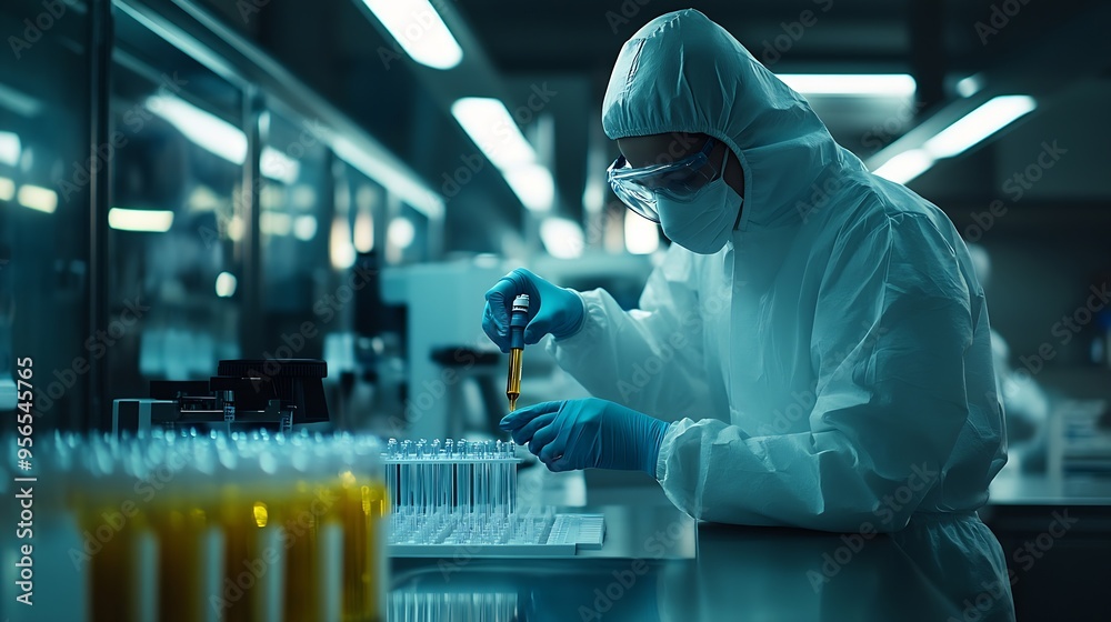 Leinwandbilder Medical scientist loading samples in robot machine for biochemical automatic testing blood laboratories : Generative AI