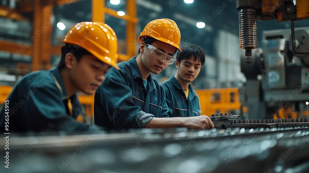 Leinwandbilder team of teacher and student are learning to use heavy machines in steel factory workers cooperate wh