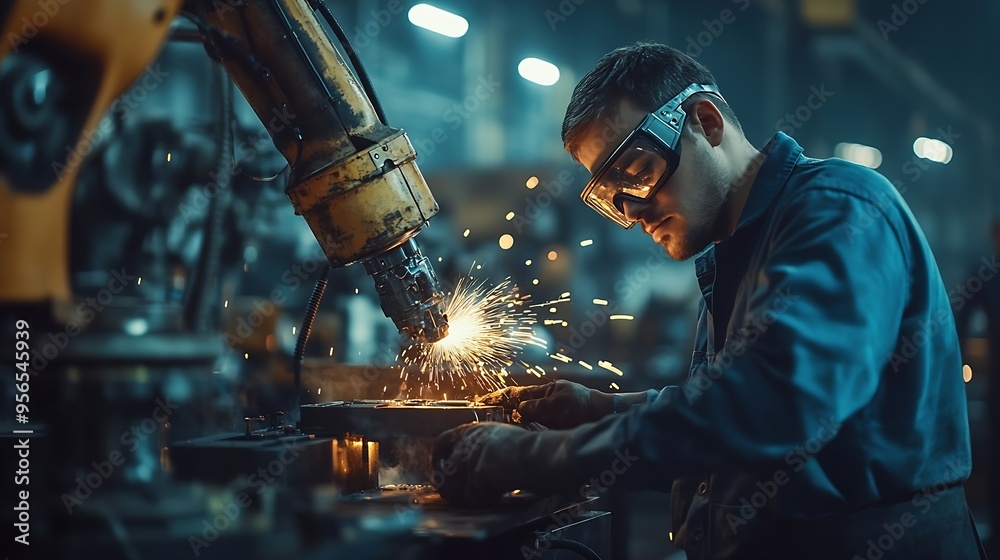 Poster Engineers team mechanic using computer controller Robotic arm for welding steel in steel factory workshop Industry robot programming software for automated manufacturing technology : Generative AI