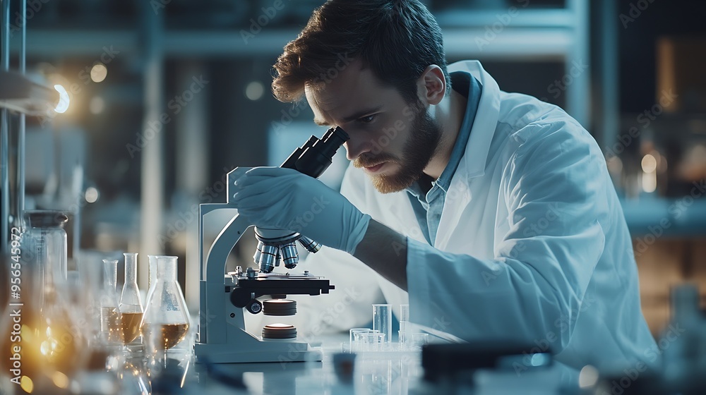 Aufkleber Young scientist looking through a microscope in a modern laboratory Medical science looking at sample on the glass plate Research and development concept Work with high technology : Generative AI