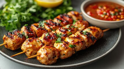 Indonesian satay skewers with peanut sauce on a white background