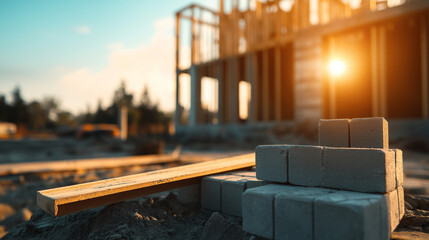 Concrete blocks and a level lying on a makeshift table, with the blurry image of a house under construction behind.