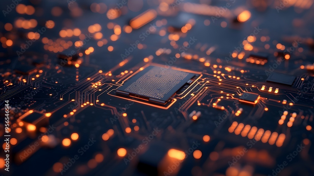 Poster macro photography of a microchip soldered onto a circuit board highlighting the intricate connection