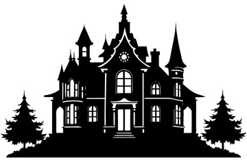 A silhouette haunted Halloween house with spooky trees