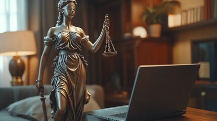 Statue of Justice and female lawyer in suit at workplace with laptop gavel and femida in office Law legal services advice Justice and real estate concept : Generative AI