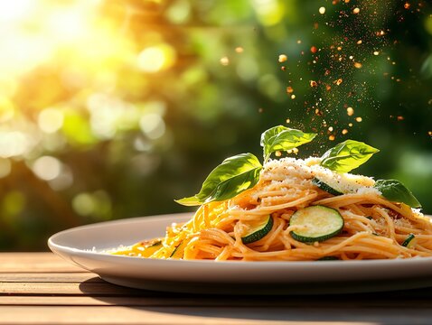 A beautifully arranged plate of Spaghetti alla Nerano