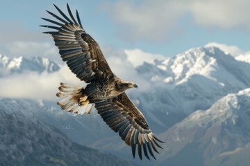 The bald eagle glides effortlessly against a backdrop of stunning snow-capped peaks, wings fully extended as it searches for its next meal, embodying the spirit of the great outdoors