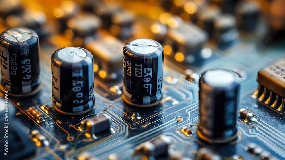 Poster macro photography of a circuit board displaying an array of interconnected electronic components suc