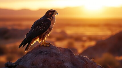 Hawk at sunset Harriss hawk Parabuteo unicinctus perched on rock in semidesert Bird of prey hunting in wild nature Beautiful raptor known as dusky or wolf hawk Hunts cooperatively in g : Generative AI