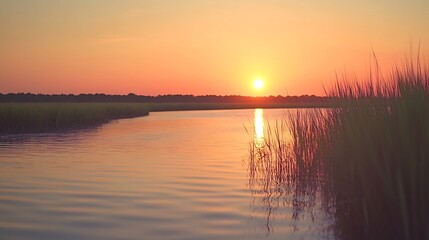 Obraz premium These photos depict sunrise and sunset over the marsh and water in Lowcountry Charleston South Carolina The exact location is Buck Hall Recreational center and Boat Ramp : Generative AI