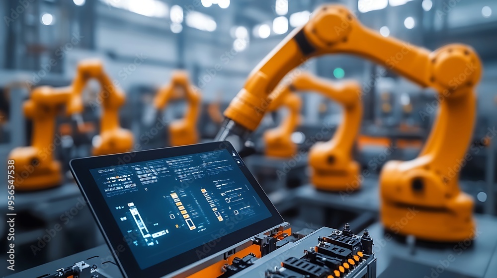 Poster Computer and digital tablet for control of robots in a smart factory Smart industry 40 concept : Generative AI