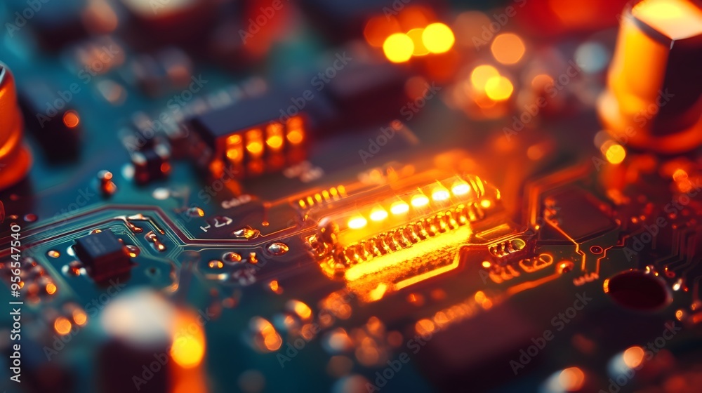 Poster macro photography of a circuit board with an led light capturing the intricate close up details of t