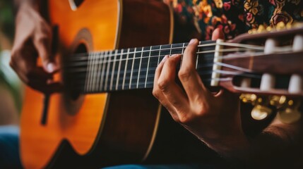 Fototapeta premium Close-up of a person playing a classical guitar, focusing on their fingers on the fretboard.