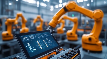 Computer and digital tablet for control of robots in a smart factory Smart industry 40 concept : Generative AI