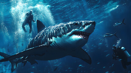 Fototapeta premium A dramatic encounter between a great white shark and a diver, with the shark’s powerful body cutting through the water as the diver tries to remain calm and still, surrounded by schools of fish.