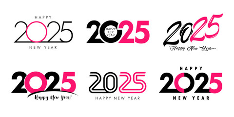 Big set of 2025 pink logo Happy New Year text design. Creative numbers 2025 for vector Christmas sale design or xmas event posters