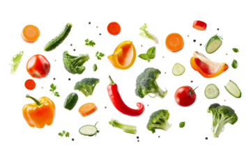 Various of mix salad vegetables falling in the air with carrot, broccoli, bell pepper and cucumber isolated on background, healthy food full of vitamin and fiber.