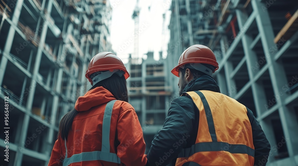 Fototapete Civil engineer with personal safety equipment checking and consult with construction site foreman technician for inspect building construct process during follow up process Engineering : Generative AI