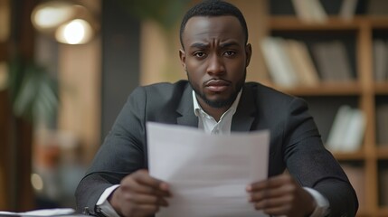 Obraz premium Curious serious African man sitting at the table tall and proud holding up papers legal documents or contracts feeling accomplished and successful in his career as a lawyer or business : Generative AI