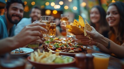 unrecognizable group of friends eating mexican food in a restaurant Delicious fajitas Lifestyle outdoors : Generative AI © The Little Hut