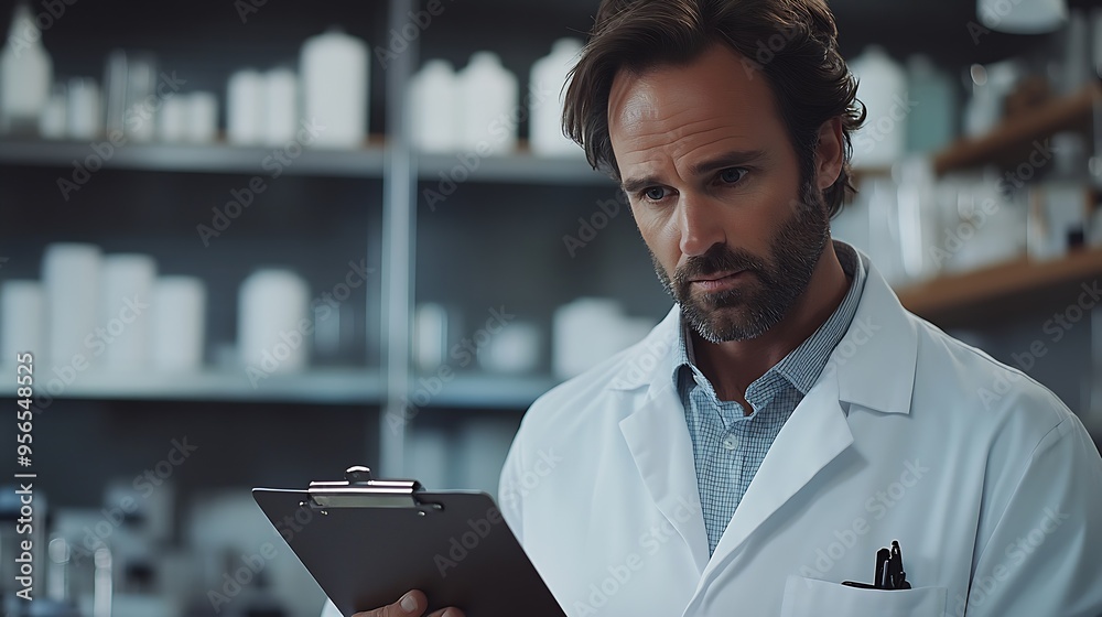 Aufkleber a man in a white lab coat is holding a clipboard and looking at something : generative ai