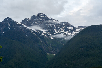 A stunning North Cascades mountain view on a cloudy day with a lot of greenery.