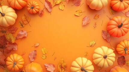 Top View of Pumpkins and Leaves on a Bright Orange Background