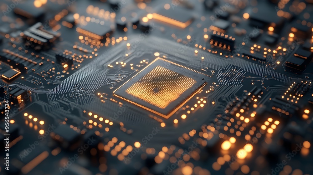 Poster macro photography of a semiconductor wafer revealing the intricate patterns and circuits on its surf