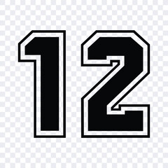Create numerical outlines for cutting or printing purposes. Vector design of a black sports jersey featuring the number 12, presented as an isolated template.