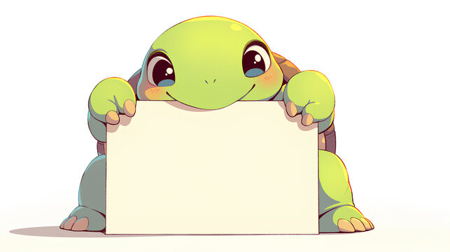 cute turtle holding up a blank sign, colorful cartoon character, empty banner,, anime style, cute kawaii, simple, smiling happy. isolated background