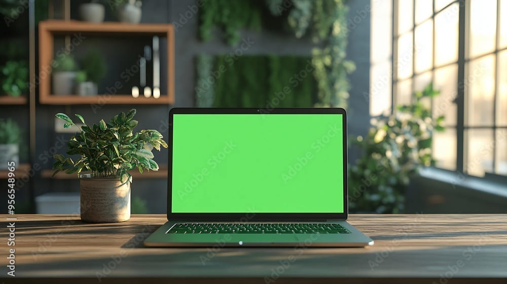 Poster laptop computer standing on a wooden desk with a green screen chromakey mock up display creative off