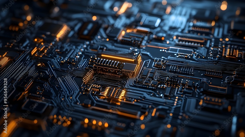 Poster macro photography of intricate semiconductor circuits highlighting the complex pathways and metallic