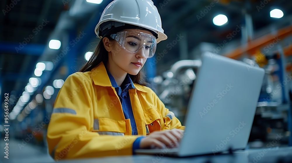 Aufkleber female engineer using laptop computer for safety control checks or manufacturing maintenance work in