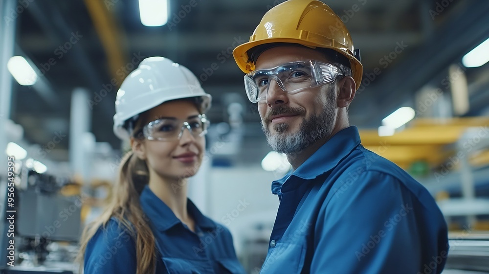 Aufkleber Handsome manager train female technician to work in automated production factory Industrial engineer teamwork standing in manufacturing facility discussing machinery technology in high : Generative AI