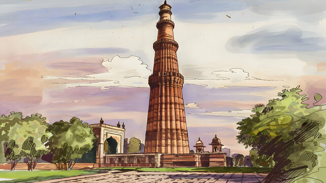Watercolor Sketch of the Qutub Minar Tower: A Historic Landmark in India