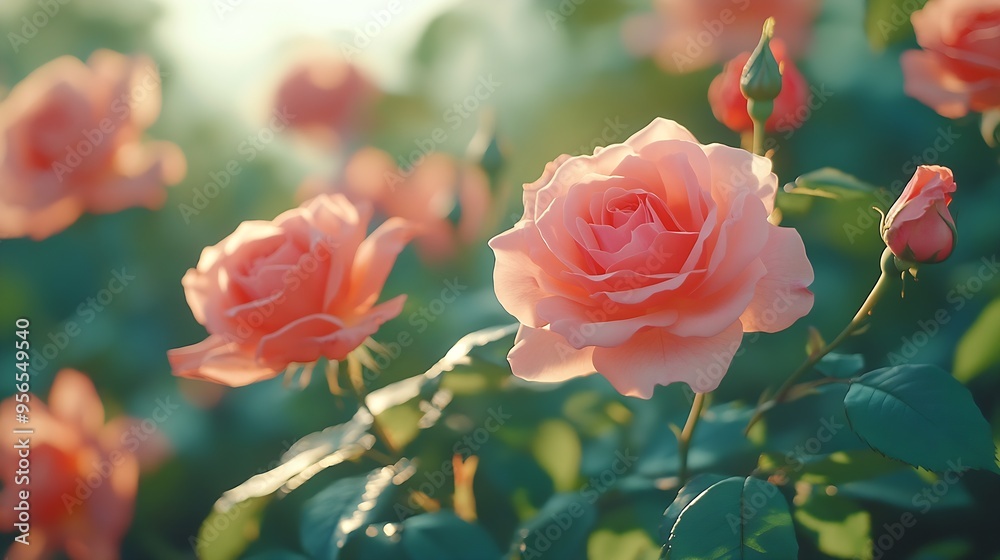 Poster it is close up view of rose bush there are the roses in shadow park it is garden in sunny midday it 